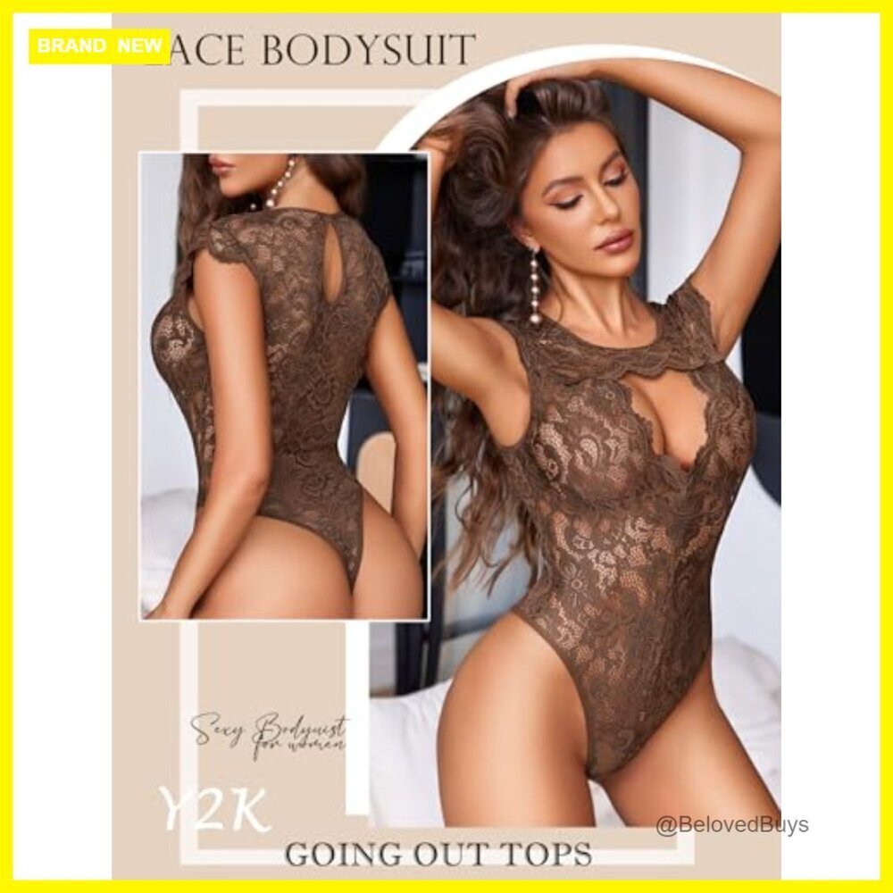 Lace Bodysuit with Front Cut-Out, Cap Sleeves, Stretch Fit, Size Medium - Picture 2 of 6